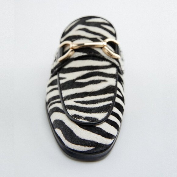 NEW ZARA Calf Hair Leather Zebra Print Mules Open Back Loafer - Picture 7 of 16